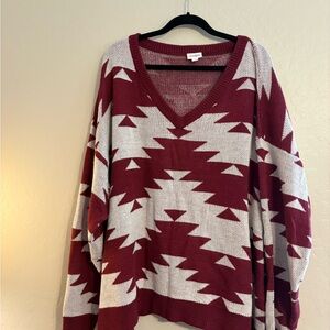 LuLaRoe V-Neck Aztec Sweater in Maroon and Cream